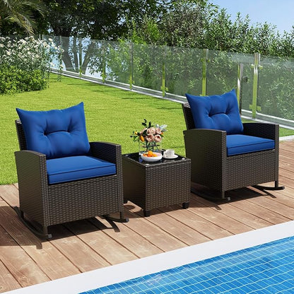 Tangkula 3 Piece Wicker Rocking Set, Patio Rattan Roker Chairs with Tempered Glass Table & Soft Cushions, Outdoor Furniture Set for Backyard, Poolside Porch (Navy)