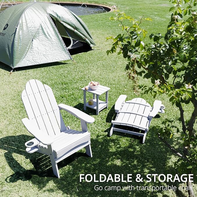 LUE BONA HDPS Folding Adirondack Chair Set of 5, 350lbs Capacity Heavy Duty Outdoor Chair for Patio Balcony Deck, One-Step Space-Saving Folding, Weatherproof Realistic Wood Grain Fire Pit Chair, White