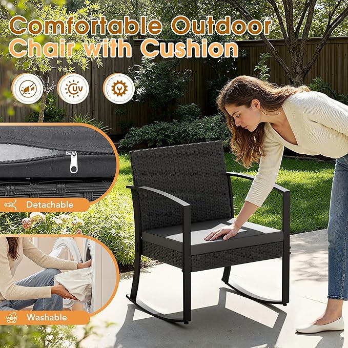 Greesum 3 Pieces Outdoor Furniture Set Patio Bistro Rocking Chairs with Glass Coffee Table for Pool Beach Backyard Balcony Porch Deck Garden, Gray
