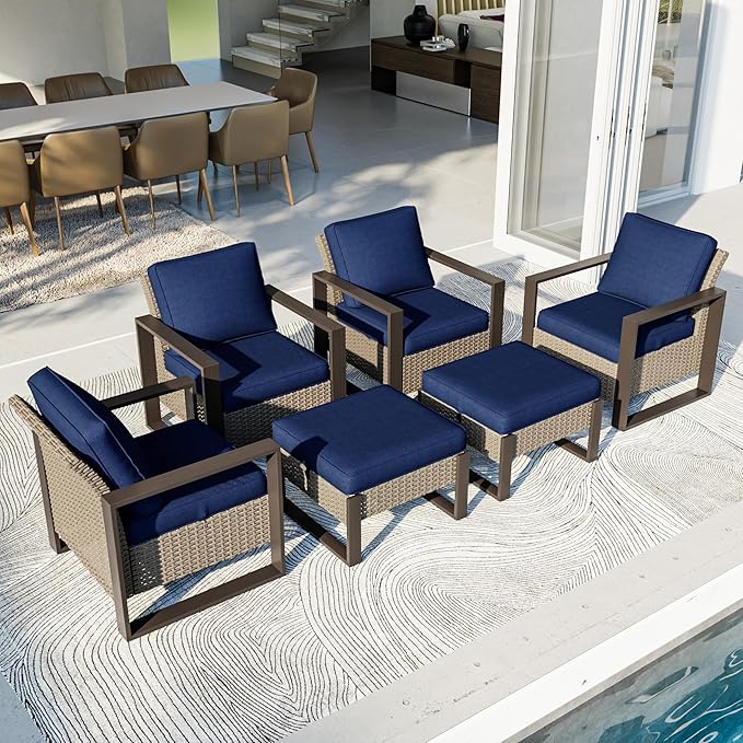 Outdoor Patio Furniture Set, 6 Piece Wicker Patio Conversation with Deep Seating, Thicken Cushions, Outdoor Club Chair, Metal Outdoor Furniture for Deck, Porch, Yard Use (Blue, 6 PCS/Chairs)