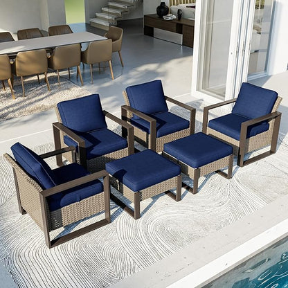Outdoor Patio Furniture Set, 6 Piece Wicker Patio Conversation with Deep Seating, Thicken Cushions, Outdoor Club Chair, Metal Outdoor Furniture for Deck, Porch, Yard Use (Blue, 6 PCS/Chairs)