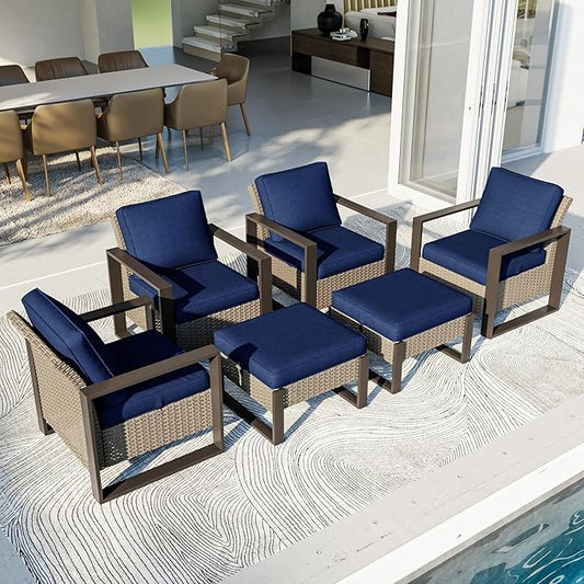 Outdoor Patio Furniture Set, 6 Piece Wicker Patio Conversation with Deep Seating, Thicken Cushions, Outdoor Club Chair, Metal Outdoor Furniture for Deck, Porch, Yard Use (Blue, 6 PCS/Chairs)