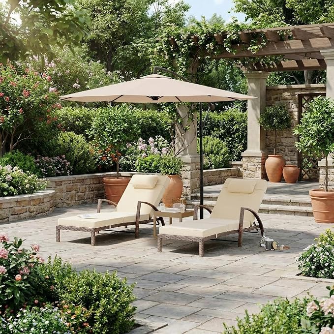 GarveeHome Outdoor Chaise Lounge Set of 2, Weather-Resistant PE Rattan Recliners with 5 Adjustable Positions, Wheels, Armrests, Cushions & Pillows, Collapsible for Poolside, Deck