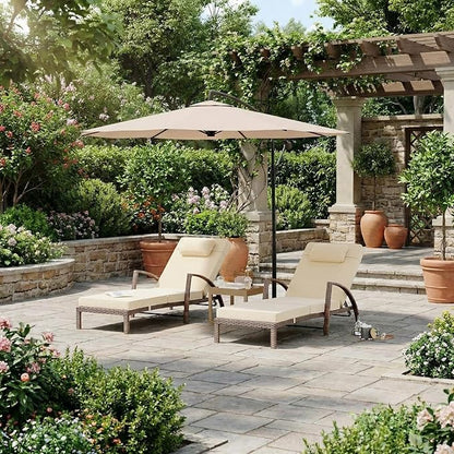 GarveeHome Outdoor Chaise Lounge Set of 2, Weather-Resistant PE Rattan Recliners with 5 Adjustable Positions, Wheels, Armrests, Cushions & Pillows, Collapsible for Poolside, Deck