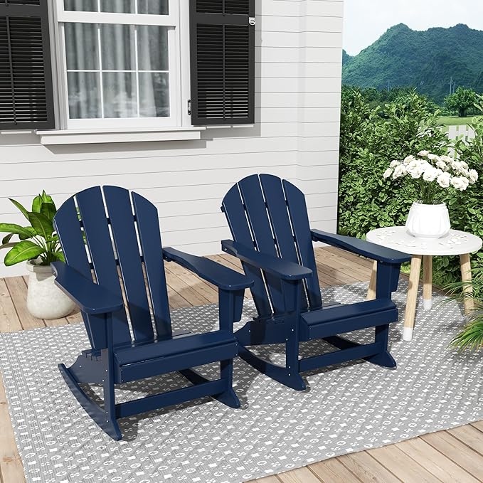 Costaelm Outdoor Adirondack Chair Set of 2, All Weather Resistant Classic Balcony Chair and Fire Pit Chairs, Plastic Outdoor Porch Furniture Rocking Chair High Back HDPE Poly Lumber, Navy Blue