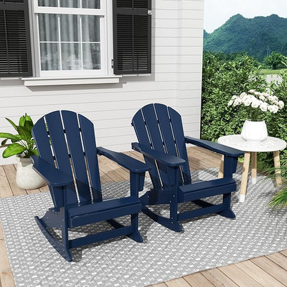 Costaelm Outdoor Adirondack Chair Set of 2, All Weather Resistant Classic Balcony Chair and Fire Pit Chairs, Plastic Outdoor Porch Furniture Rocking Chair High Back HDPE Poly Lumber, Navy Blue