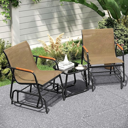 Giantex 3-Piece Outdoor Glider Set, 2-Pack Rocking Chairs with Small Tempered Glass Coffee Table, Metal Frame, Porch Rocker, Patio Bistro Set for Outside, Garden, Backyard, Balcony, Brown