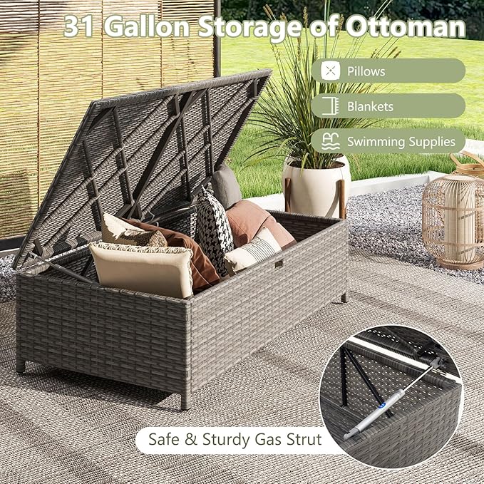 Tangkula Outdoor Rattan Daybed, Wicker Loveseat & 31 Gallon Storage Ottoman w/Soft Cushions - Photo 6