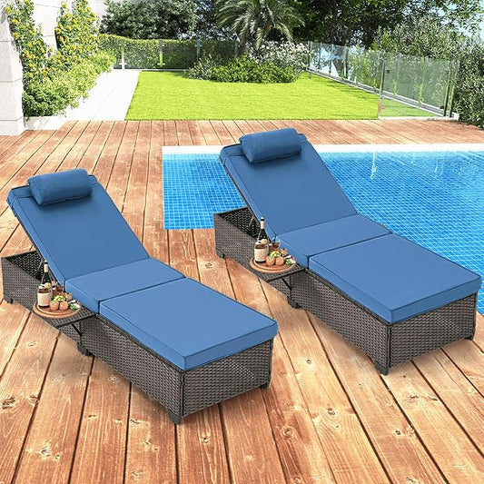 HOMREST PE Wicker Chaise Lounge Chairs Set of 2,Adjustable 5 Position Outside Rattanr Patio Pool Chair with Headrest,Cushion and Storage Rack for Poolside Backyard Porch, (Blue)
