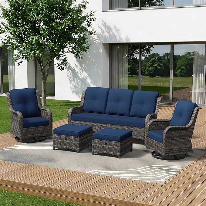 5 Piece Outdoor Wicker Patio Furniture Set, Outdoor Swivel Rocker Patio Chairs Set with Thickened Olefin Cushions, High Back and Deep Seating, Hand-Woven PE Rattan for Porch, Deck
