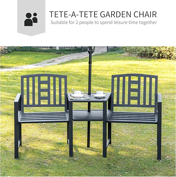 Outsunny Metal Garden Bench with Middle Table and Umbrella Hole, 2-in-1 Double Patio Chairs, Outdoor 2-Person Tete-a-Tete, Slatted, Black