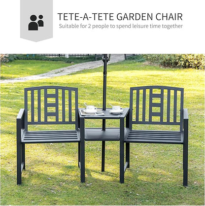 Outsunny Metal Garden Bench with Middle Table and Umbrella Hole, 2-in-1 Double Patio Chairs, Outdoor 2-Person Tete-a-Tete, Slatted, Black