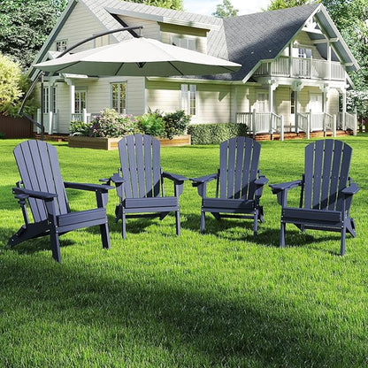 Folding Adirondack Chair Set of 4，Wooden Textured Fire Pit Chair with Cup Holder, Heavy All-Weather HDPE Plastic Outdoor Patio Chairs for Poolside Backyard Patio Outdoor Garden