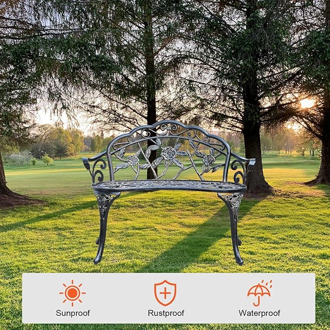 Cast Aluminium Outdoor Bench, Rose Garden Bench for Patio,Park,Lawn,Yard(Bronze)