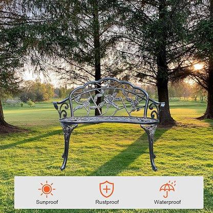 Cast Aluminium Outdoor Bench, Rose Garden Bench for Patio,Park,Lawn,Yard(Bronze)