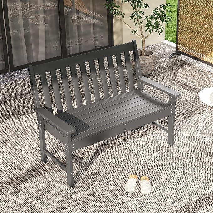 RELAX4LIFE 2-Person Patio Outdoor Bench - 52’’ All-Weather HDPE Garden Bench with Armrests & Slatted Backrest, Patio Bench for Front Porch Park Poolside Backyard, 705 LBS Weight Capacity (Grey)