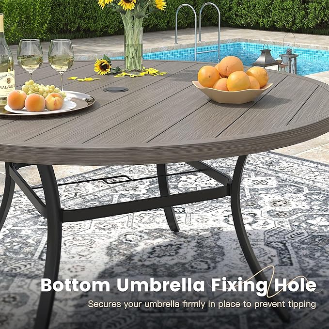 VICLLAX 63" Outdoor Patio Dining Table for 8-10, Metal Round Table with Umbrella Hole for Deck Lawn Garden Backyard, Grey
