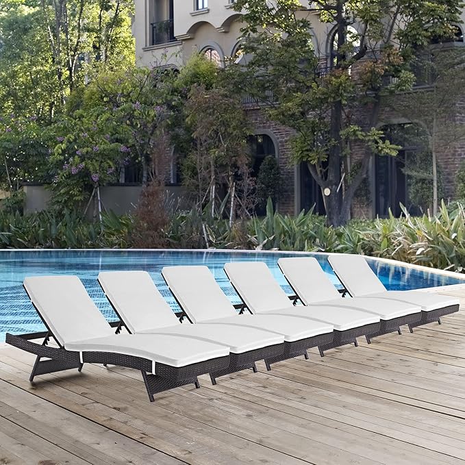 Modway Convene Wicker Rattan Outdoor Patio Chaise Lounge Chairs in Espresso White - Set of 6 - Photo 2