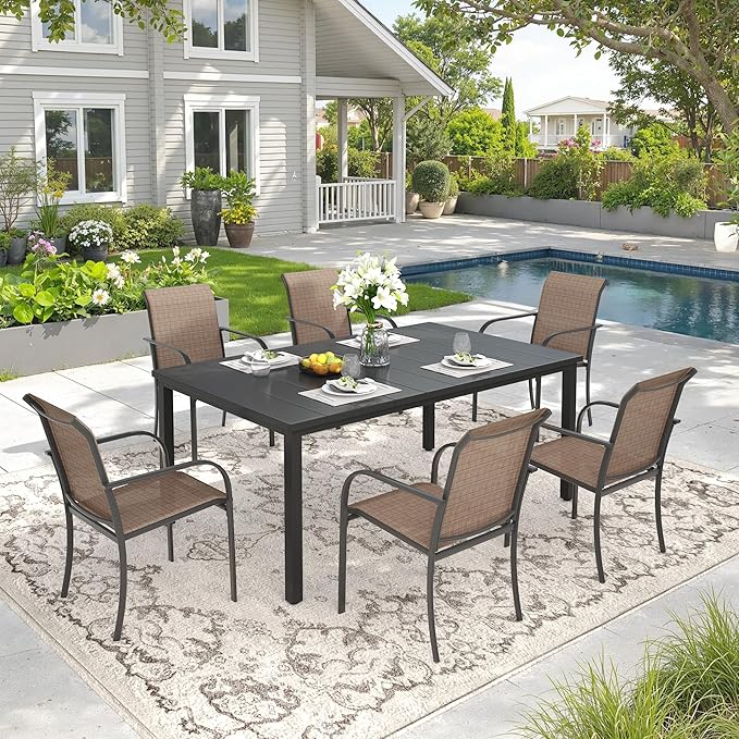 DIFY 63" Rectangle Outdoor Dining Table for 6, Slatted Metal Patio Table with Adjustable Umbrella Hole, All-Weather Patio Dining Table for Garden Backyard Deck, Black Tabletop