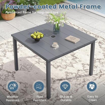 DIFY 40.2" Square Outdoor Dining Table for 4, Slatted Metal Patio Table with Adjustable Umbrella Hole, All-Weather Patio Dining Table for Garden Backyard Deck, Grey Tabletop