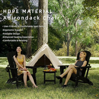 Folding Adirondack Chair，Wooden Textured Fire Pit Chair with Cup Holder, Heavy All-Weather HDPE Plastic Outdoor Patio Chairs for Poolside Backyard Patio Outdoor Garden