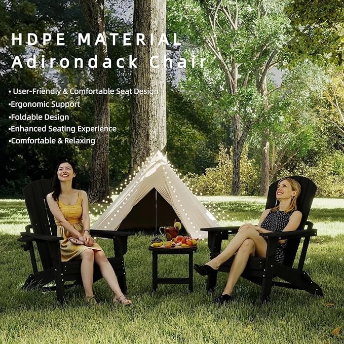 Folding Adirondack Chair Set of 4，Wooden Textured Fire Pit Chair with Cup Holder, Heavy All-Weather HDPE Plastic Outdoor Patio Chairs for Poolside Backyard Patio Outdoor Garden