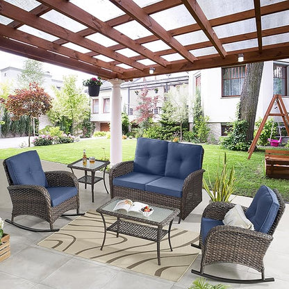 Belord 5 Piece Outdoor Conversation Patio Furniture Set - All-Weather Wicker Patio Rocking Chairs with Loveseat Glider Chair and Coffee Table for Patio Deck Porch Backyard Blue Cushion