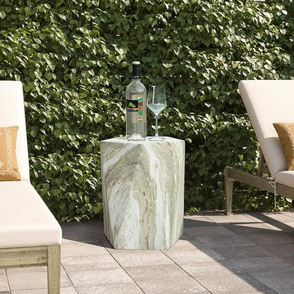 LuxenHome 18" Outdoor Side Table, Green and White Marbled Geometric Patio Side Table, Indoor Outdoor End Tables, Modern Side Tables for Outside, Garden Stool for Indoor and Outdoor