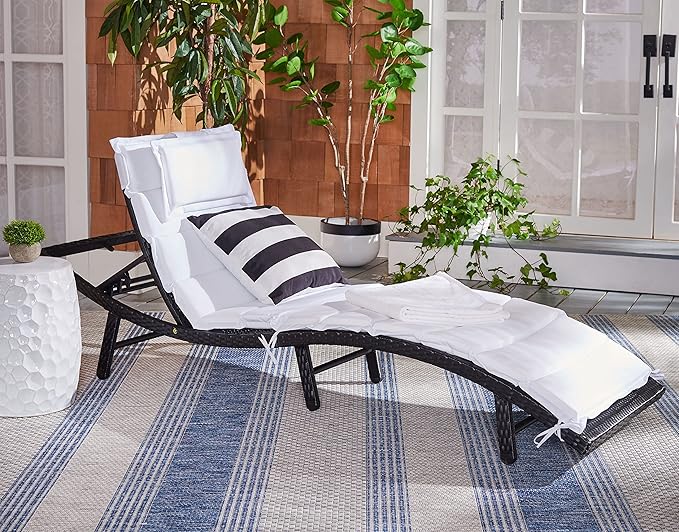 SAFAVIEH Outdoor Collection Colley Black Wicker/White Cushion Adjustable Recliner Chaise Lounge Chair (PAT7722A)