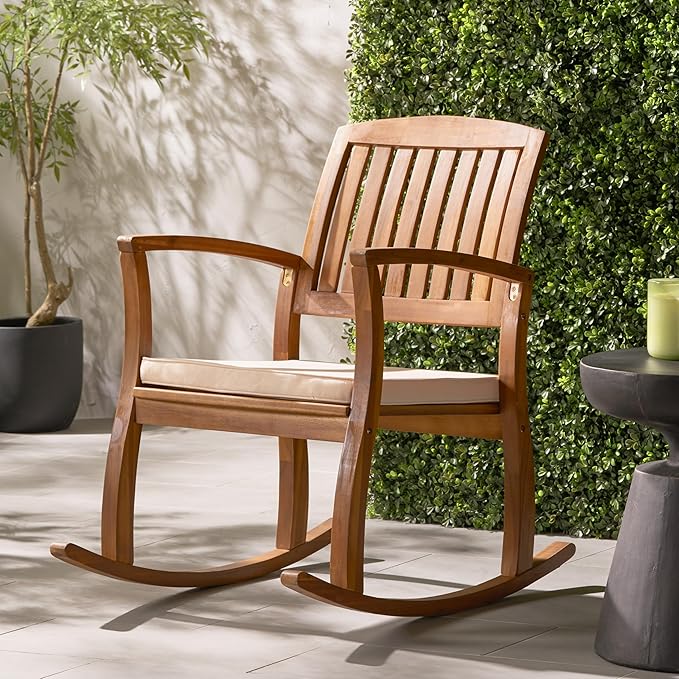 Acacia Wood Patio Outdoor Rocking Chair with Cushions for Garden, Lawn, Backyard, Pool - Photo 1