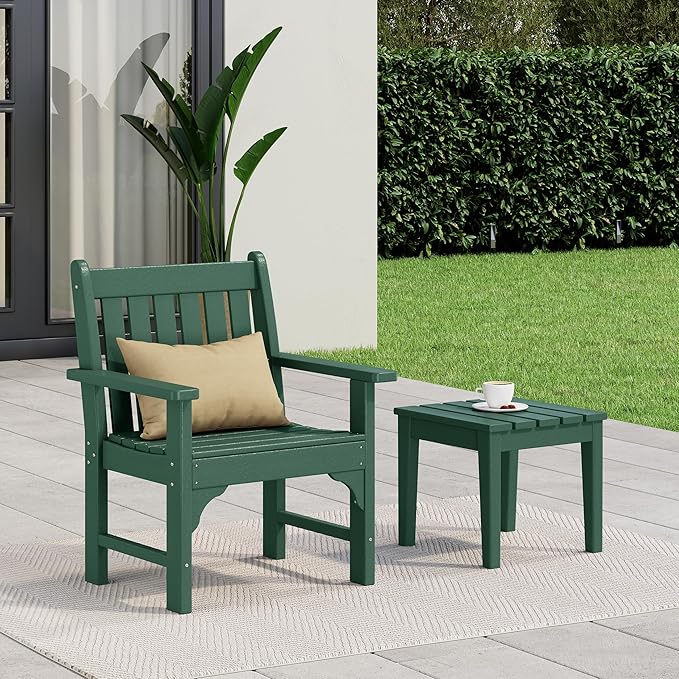 Costaelm Outdoor Patio Table and Chairs Set of 2, 2-Piece HDPE Garden Chair with Square Adirondack Side Table Set, Porch Chairs Coffee Table for Outside Porch Backyard, Dark Green