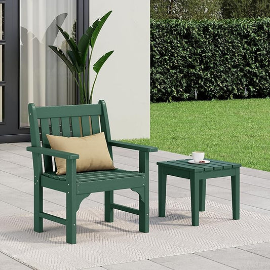 Costaelm Outdoor Patio Table and Chairs Set of 2, 2-Piece HDPE Garden Chair with Square Adirondack Side Table Set, Porch Chairs Coffee Table for Outside Porch Backyard, Dark Green