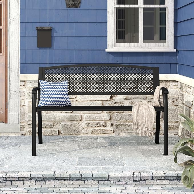 DIFY 50" Outdoor Bench Metal Garden Patio Furniture with Backrest & Slatted Seat for Porch, Park, Lawn, Black