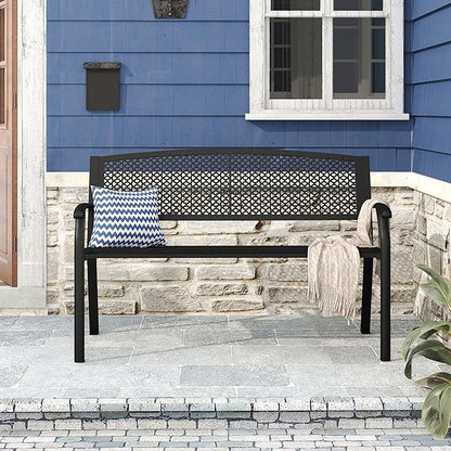 DIFY 50" Outdoor Bench Metal Garden Patio Furniture with Backrest & Slatted Seat for Porch, Park, Lawn, Black