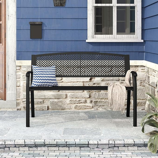 DIFY 50" Outdoor Bench Metal Garden Patio Furniture with Backrest & Slatted Seat for Porch, Park, Lawn, Black