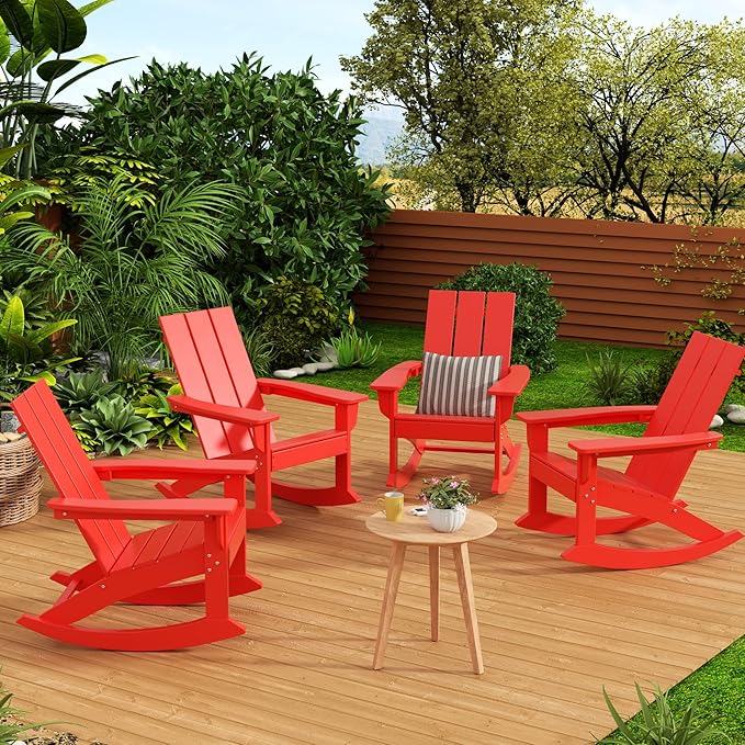 WestinTrends Ashore Patio Rocking Chairs Set of 2, All Weather Poly Lumber Plank Adirondack Rocker Chair, Modern Farmhouse Outdoor Rocking Chairs for Porch Garden Backyard and Indoor, Red