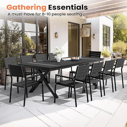 Pellebant 94" Outdoor Dining Table for 8-10, 8ft Aluminum Patio Table with Umbrella Hole, Weather Resistant Black Wood Grain Tabletop and Sturdy Frame for Deck, Porch, Backyard