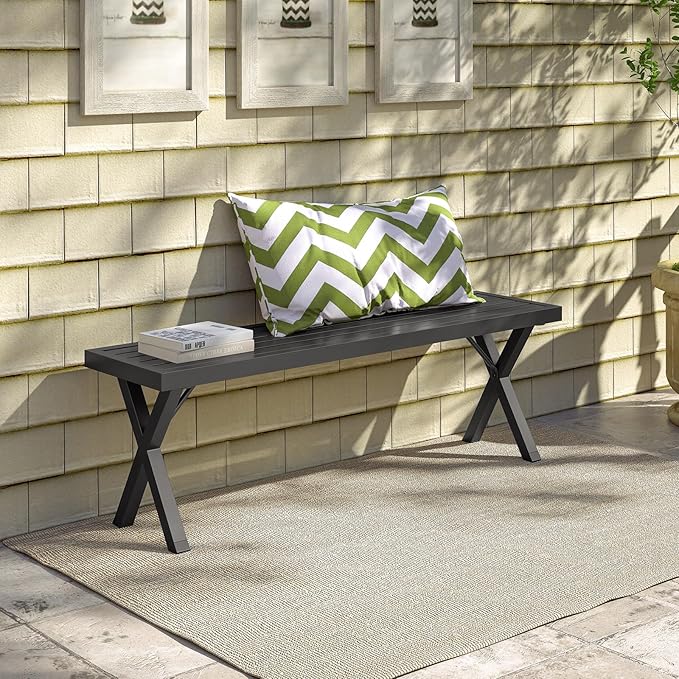 Tangkula 54" Metal Outdoor Backless Bench, Heavy-Duty 2-Person Patio Dining Bench with Slatted Seat & X Legs, Outside Bench for Yard, Garden, Porch, 800 LBS Max Load