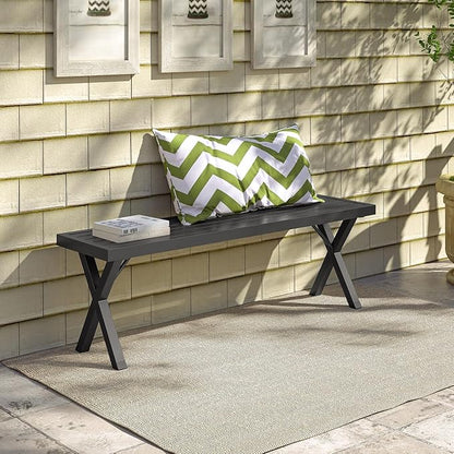 Tangkula 54" Metal Outdoor Backless Bench, Heavy-Duty 2-Person Patio Dining Bench with Slatted Seat & X Legs, Outside Bench for Yard, Garden, Porch, 800 LBS Max Load