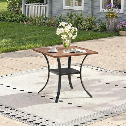 Outdoor Dining Table with Storage Shelf, 27.5" All-Weather Square Patio Dining Table for 2, Metal Patio Table for Garden Lawn Porch Deck Yard, Walnut