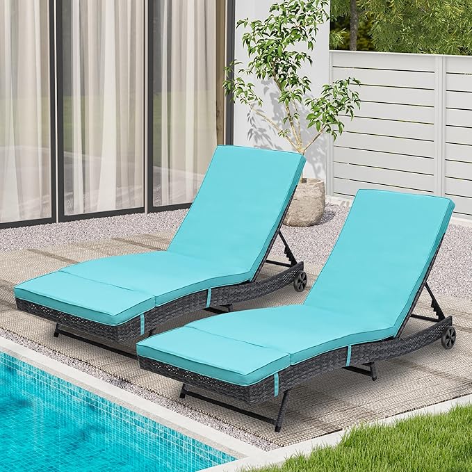 YITAHOME Rattan Lounge Chair Set of 2, Wicker Outdoor Chaise Lounge w/Wheels, Removable Cushion, 5-Position Backrest, Easy to Assemble Sun Lounger for Poolside Beach Balcony (Blue)