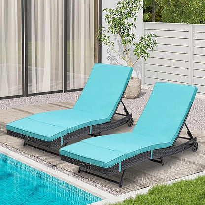 YITAHOME Rattan Lounge Chair Set of 2, Wicker Outdoor Chaise Lounge w/Wheels, Removable Cushion, 5-Position Backrest, Easy to Assemble Sun Lounger for Poolside Beach Balcony (Blue)