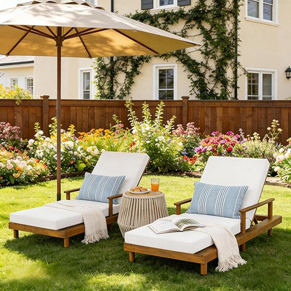 Merax Acacia Wood Outdoor Chaise Lounge Chair Set of 2, 3-Position Adjustable Back & 4" Thick Removable Cream Cushion, 400lbs Capacity, Modern Large Patio Sun Lounger for Patio Garden Pool