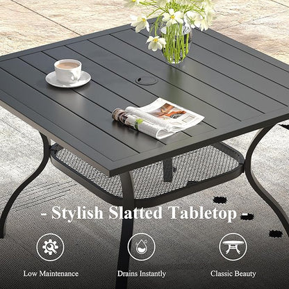 Outdoor Dining Table with Adjustable Umbrella Hole, 37.8" All-Weather Square Patio Dining Table for 4, Metal Patio Table for Garden Lawn Porch Deck Yard, Black