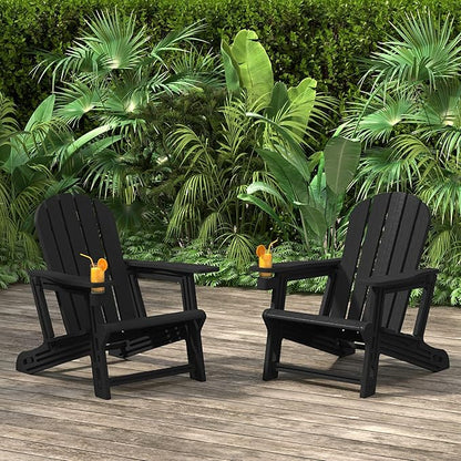 Costaelm Cayman Hardware-Free Assembly Outdoor Patio HDPE Poly Plastic Adirondack Chair with Cup Holder (Set of 2), Black