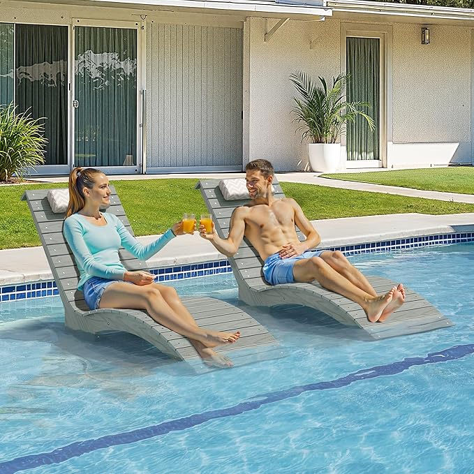 Pool Lounge Chairs Outdoor，HDPS Long Pool Chairs for in Pools, Weighted All Weather Tanning Chair with Headrest，Chaise Lounge for Outside Beach Patio Sun Bathing Hotel, Gray