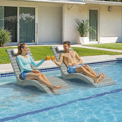 Pool Lounge Chairs Outdoor Set of 2，HDPS Long Pool Chairs for in Pools, Weighted All Weather Tanning Chair with Headrest，Chaise Lounge for Outside Beach Patio Sun Bathing Hotel, Gray