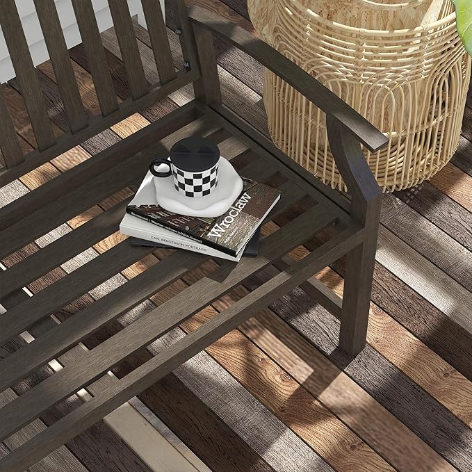 46" Outdoor Garden Bench, Metal Bench, Wood Look Slatted Frame Furniture for Patio, Park, Porch, Lawn, Yard, Deck, Brown