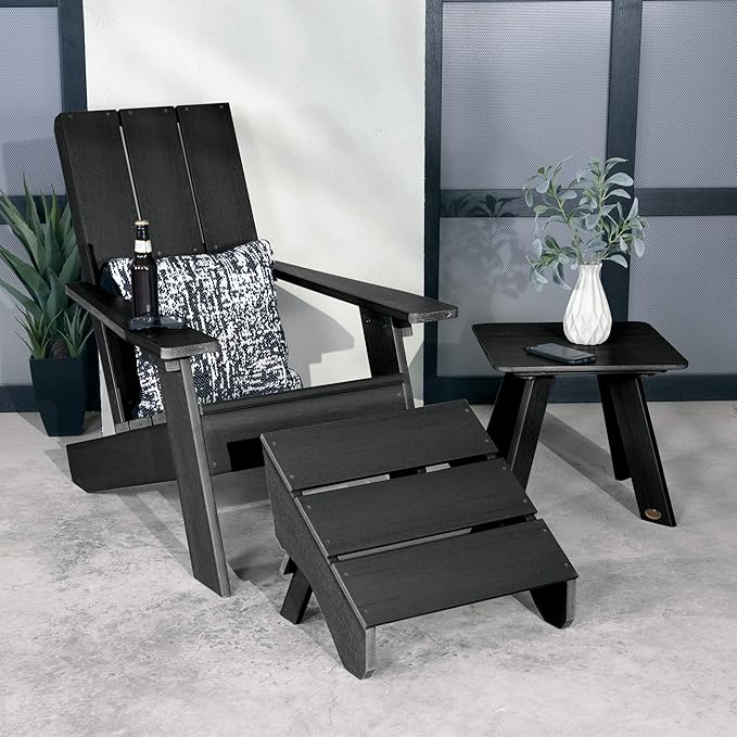 Highwood Italica Modern Adirondack Chair, Ottoman, and Side Table, 3-Piece Set, Black