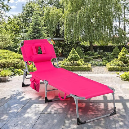 GYMAX Tanning Chair, Folding Beach Lounger with Face Arm Hole, Adjustable Backrest, Side Pocket, Pillow & Carry Handle, Outside Sunbathing Lounge Chair for Patio, Poolside, Lawn (1, Pink)